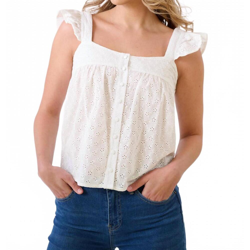 Eyelet Square-Neck Flutter Strap Tank Top - White